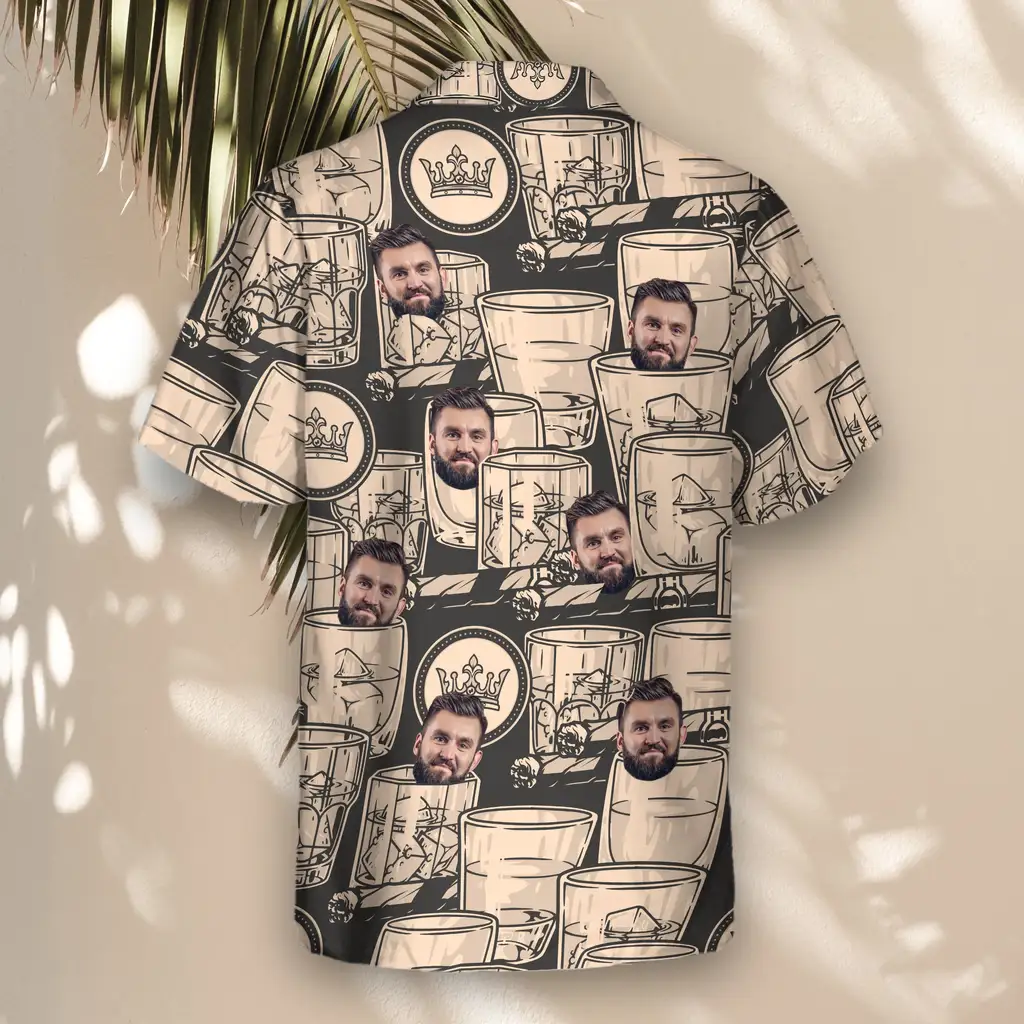 3 Whiskey Booze Aloha Custom Hawaiian Shirts With Faces Or Logos.