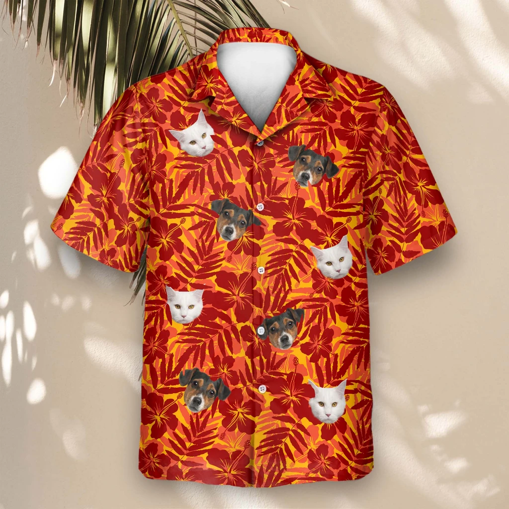 4 Red And Orange Tropical Silhouettes Aloha Custom Hawaiian Shirts With Faces Or Logos